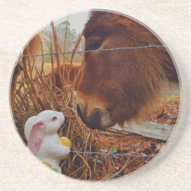 Miniature Brown horse & Easter Bunny Sandstone Coaster (Front)