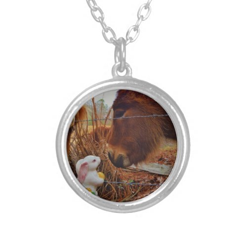 Miniature Brown horse  Easter Bunny Silver Plated Necklace