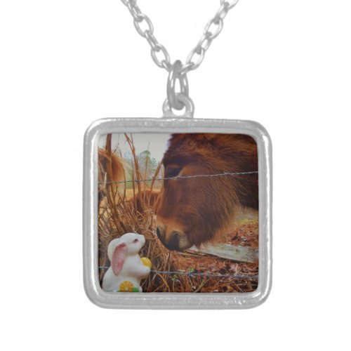 Miniature Brown horse  Easter Bunny Silver Plated Necklace