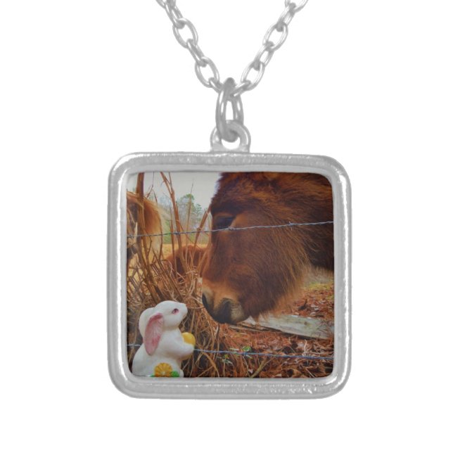 Miniature Brown horse & Easter Bunny Silver Plated Necklace (Front)