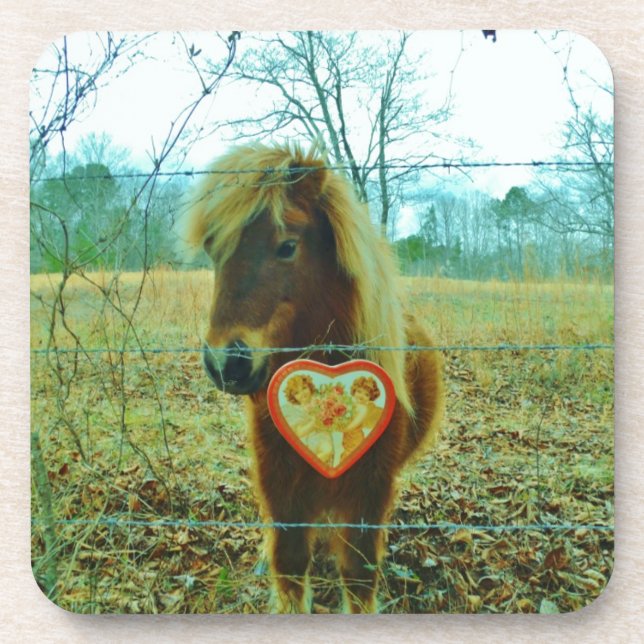 Miniature Brown horse Valentine Heart Beverage Coaster (Front)