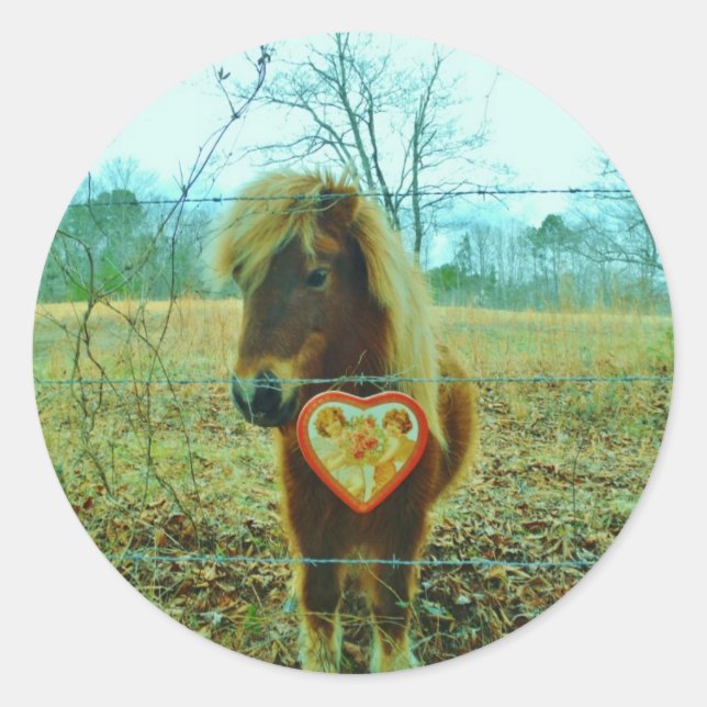 Miniature Brown horse Valentine Heart Classic Round Sticker (Front)