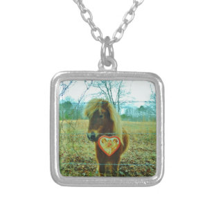 Miniature Brown horse Valentine Heart Silver Plated Necklace