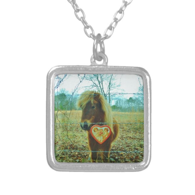 Miniature Brown horse Valentine Heart Silver Plated Necklace (Front)