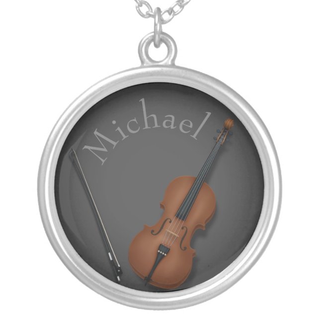 Miniature Cello & Bow Inside Personalized Silver Plated Necklace (Front)