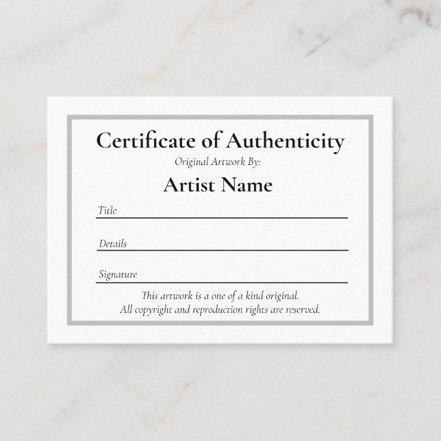 Miniature Certificate of Authenticity for Art (Front)