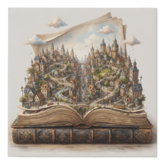 Miniature City Inside an Open Book – Fantasy Book Faux Canvas Print