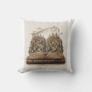 Miniature City Inside an Open Book – Fantasy Book Throw Pillow