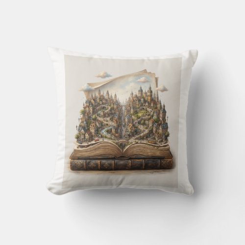 Miniature City Inside an Open Book – Fantasy Book Throw Pillow