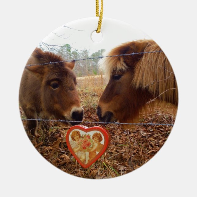 Miniature Donkey & Horse Valentine Heart Ceramic Ornament (Front)