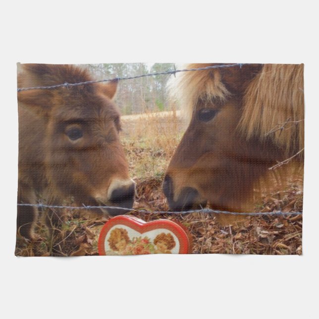 Miniature Donkey & Horse Valentine Heart Kitchen Towel (Horizontal)