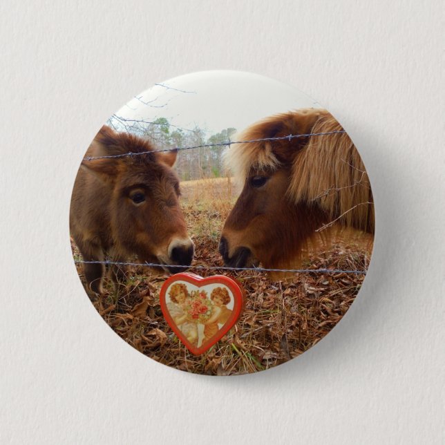 Miniature Donkey & Horse Valentine Heart Pinback Button (Front)