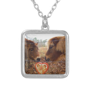 Miniature Donkey & Horse Valentine Heart Silver Plated Necklace