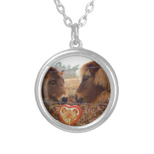 Miniature Donkey & Horse Valentine Heart Silver Plated Necklace