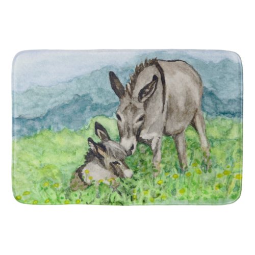 Miniature Donkey Mom and Baby Watercolor Art Bath Mat