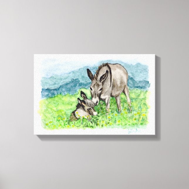 Miniature Donkey Mom and Baby Watercolor Art Canvas Print (Front)
