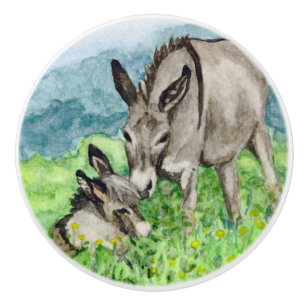 Miniature Donkey Mom and Baby Watercolor Art Ceramic Knob