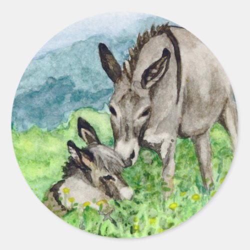 Miniature Donkey Mom and Baby Watercolor Art Classic Round Sticker