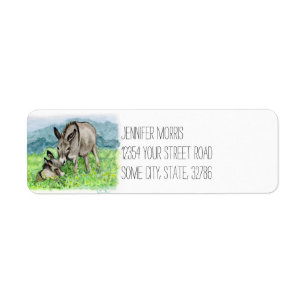 Miniature Donkey Mom and Baby Watercolor Art Label