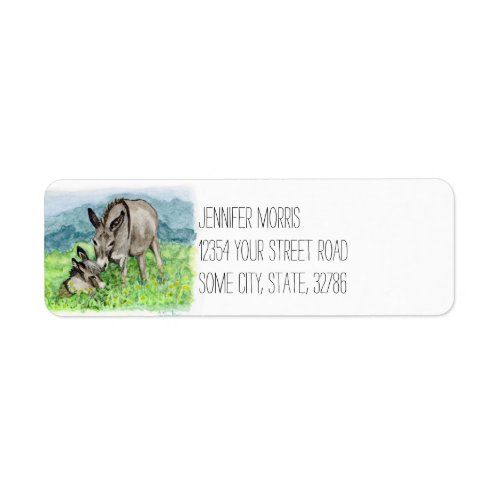 Miniature Donkey Mom and Baby Watercolor Art Label
