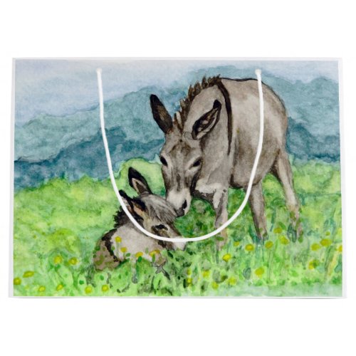 Miniature Donkey Mom and Baby Watercolor Art Large Gift Bag