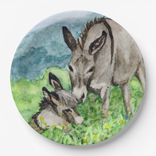 Miniature Donkey Mom and Baby Watercolor Art Paper Plates