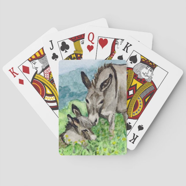 Miniature Donkey Mom and Baby Watercolor Art Poker Cards (Back)