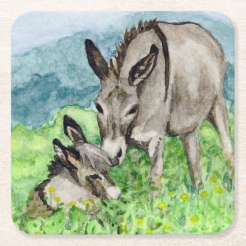 Miniature Donkey Mom and Baby Watercolor Art Square Paper Coaster