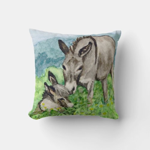 Miniature Donkey Mom and Baby Watercolor Art Throw Pillow