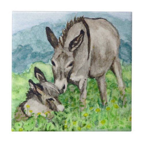 Miniature Donkey Mom and Baby Watercolor Art Tile