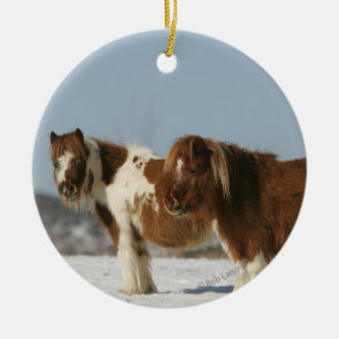 Miniature Horses Standing in the Snow Ceramic Ornament