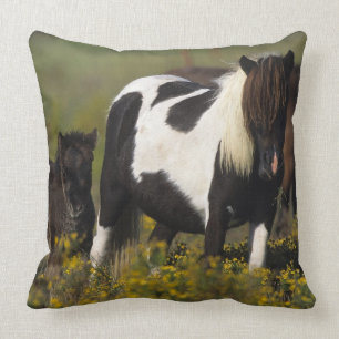 Miniature Mare & Foal in the Flowers Throw Pillow