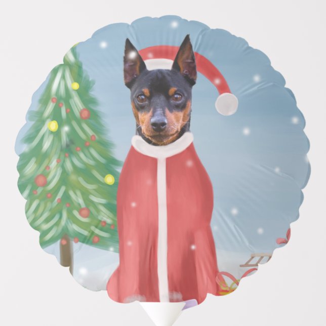 Miniature Pinsch Dog in Snow with Christmas Gifts  Balloon (Front)