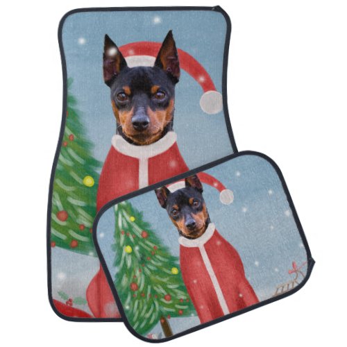 Miniature Pinsch Dog in Snow with Christmas Gifts  Car Floor Mat