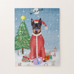 Miniature Pinsch Dog in Snow with Christmas Gifts Jigsaw Puzzle