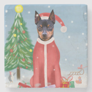 Miniature Pinsch Dog in Snow with Christmas Gifts Stone Coaster