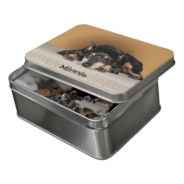 Miniature Pinscher aka Min Pin Custom Pet Name Jigsaw Puzzle (Lid Open)