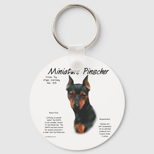 Miniature Pinscher (blk/rust) History Design Keychain (Front)