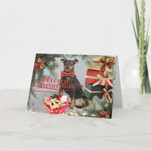 Miniature Pinscher Brings Christmas Greetings Holiday Card