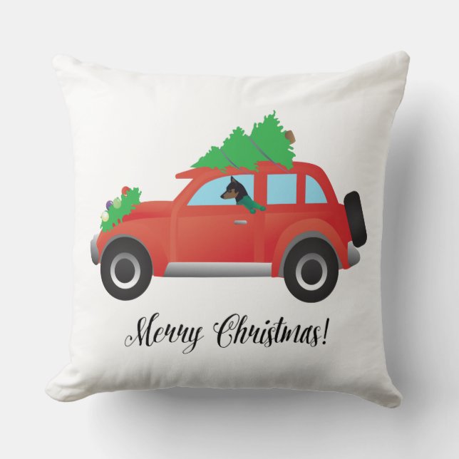 Miniature Pinscher Christmas Car Throw Pillow (Front)