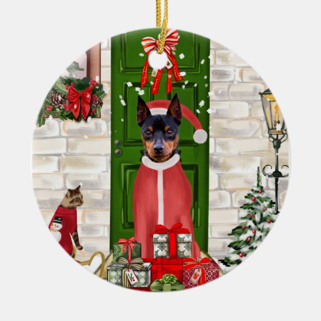 Miniature Pinscher Dog Christmas  Ceramic Ornament (Front)
