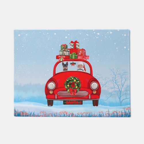 Miniature Pinscher Dog In Car With Santa Claus  Doormat