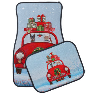 Miniature Pinscher Dog In Car With Santa Claus  Floor Mat