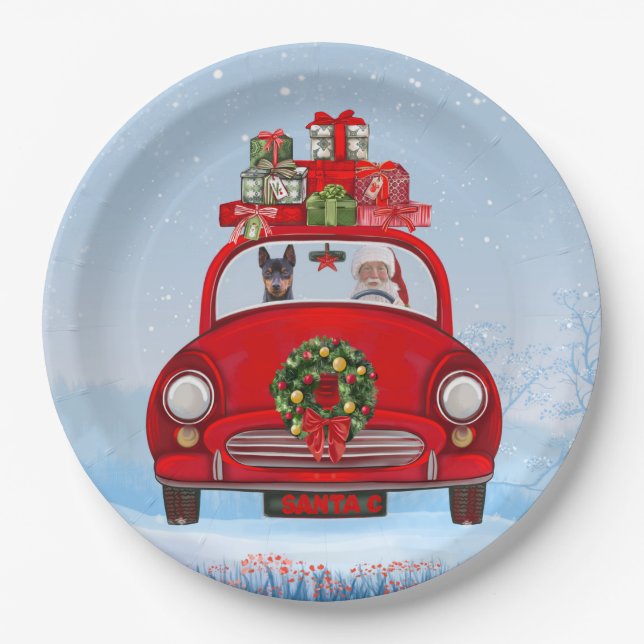 Miniature Pinscher Dog In Car With Santa Claus Paper Plates (Front)