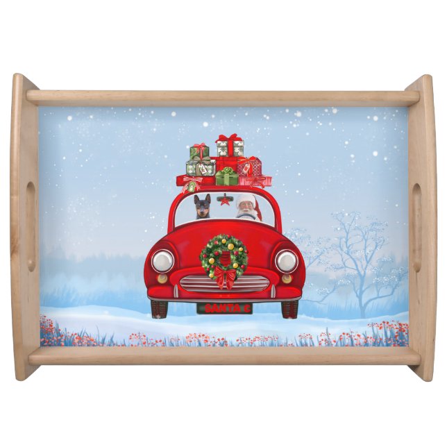 Miniature Pinscher Dog In Car With Santa Claus  Serving Tray (Front)