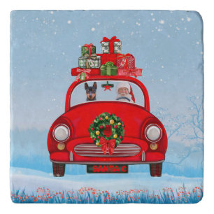 Miniature Pinscher Dog In Car With Santa Claus  Trivet