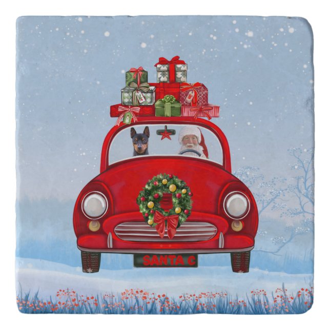 Miniature Pinscher Dog In Car With Santa Claus  Trivet (Front)