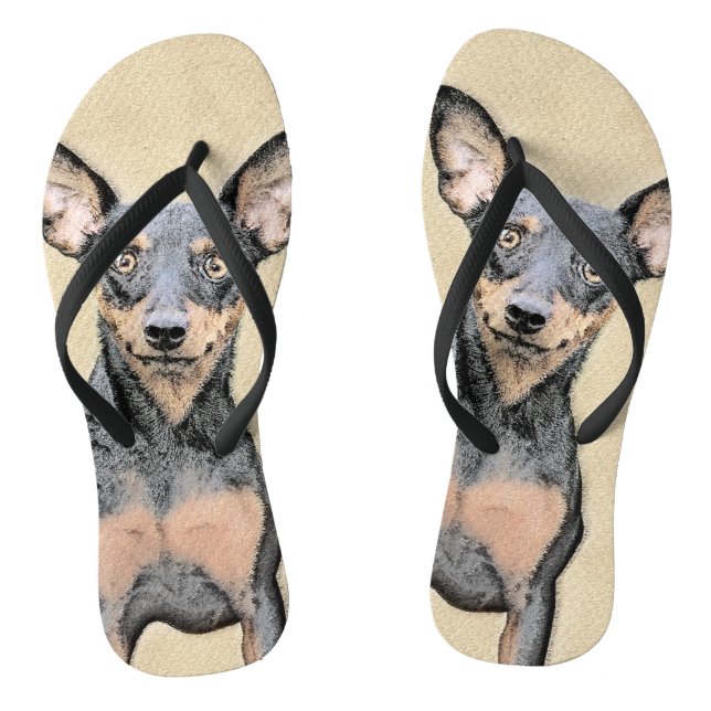 Miniature Pinscher Painting Cute Original Dog Art Flip Flops (Footbed)