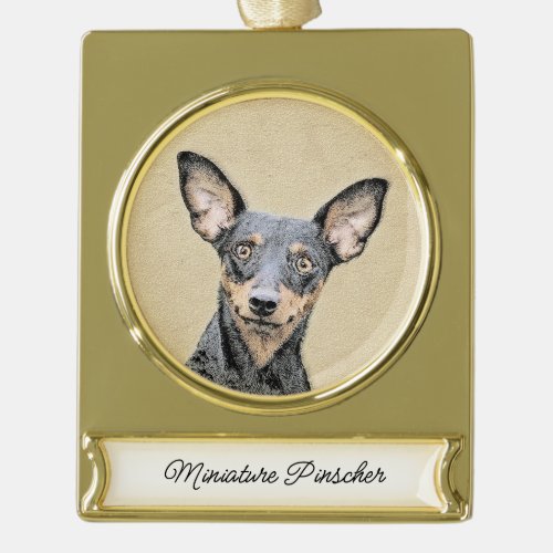 Miniature Pinscher Painting Cute Original Dog Art  Gold Plated Banner Ornament