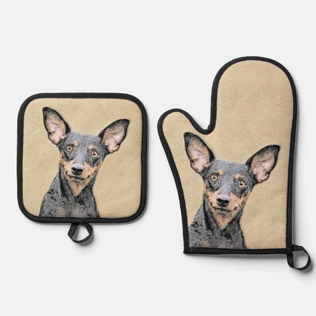 Miniature Pinscher Painting Cute Original Dog Art Oven Mitt & Pot Holder Set (Front)